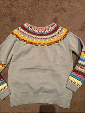 Women’s Light Gray Fair Isle Yoke Sweater with Multicolor Accents